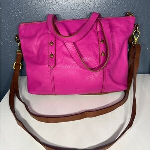 Fossil Pink and Brown Leather Jenna Satchel Bag